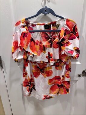Rafaella White Floral Ruffle Sleeve Blouse